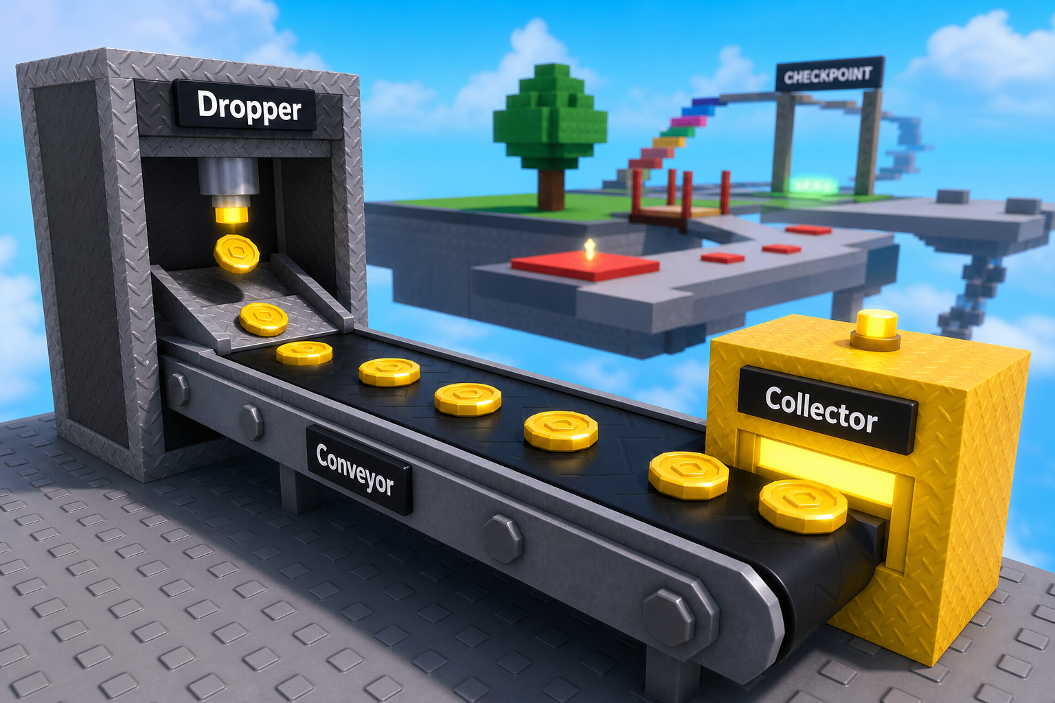 Tycoon dropper creating gold coin pickups on a conveyor