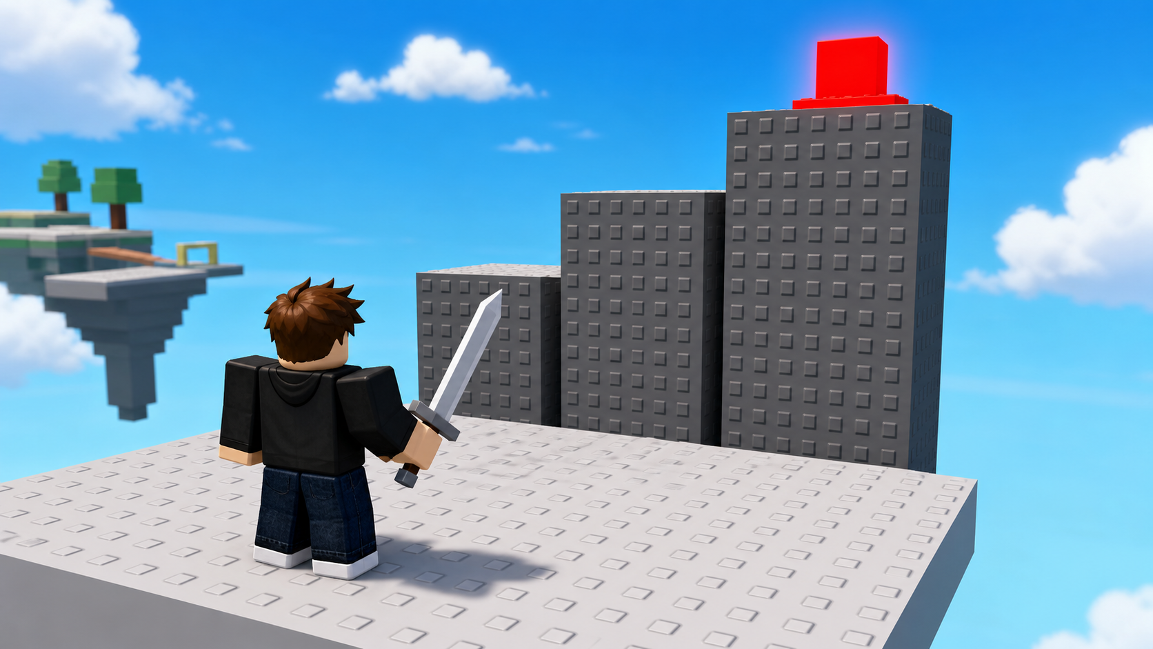 A Roblox combat obby start with a three-block climbing wall and a player holding a sword