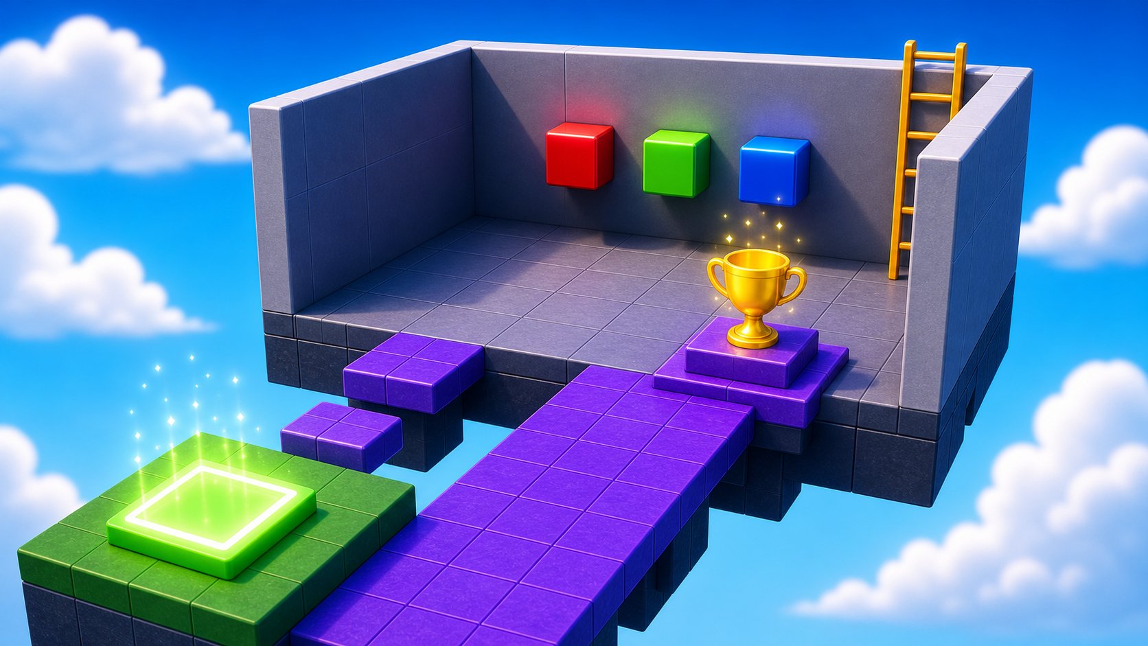 A puzzle room with three colored buttons