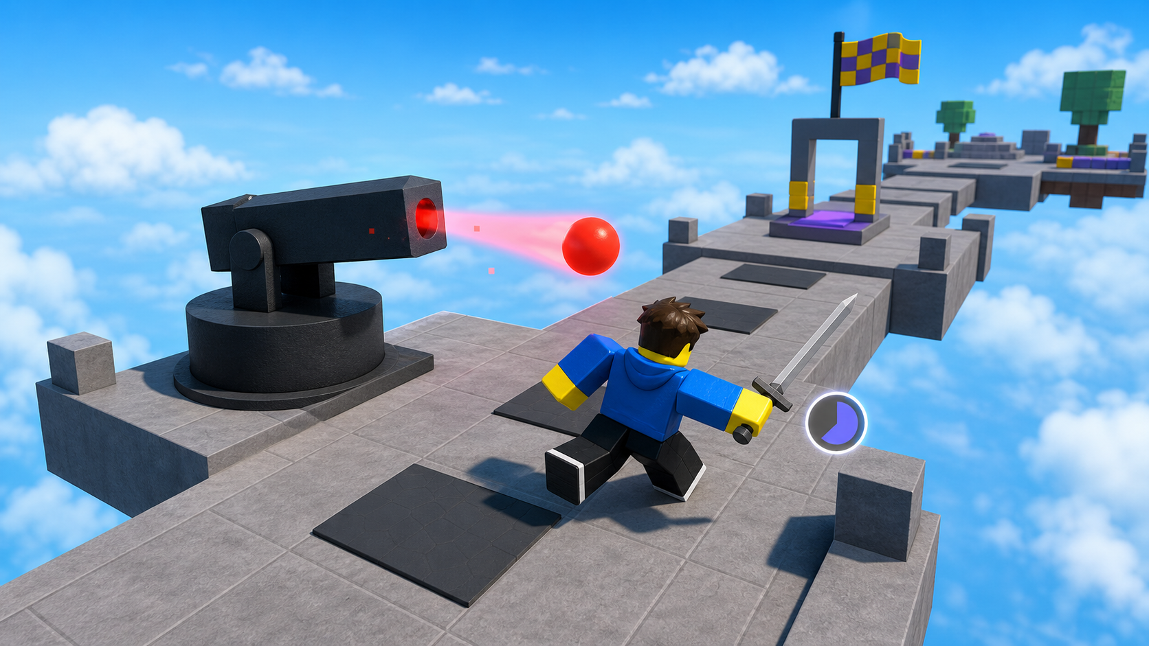 A Roblox cannon turret firing a red shot across an obby path toward the player