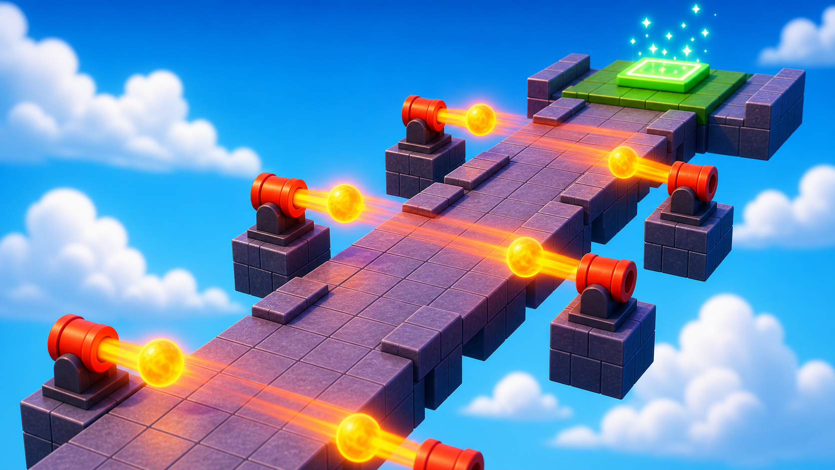 A narrow path with cannons firing fireballs