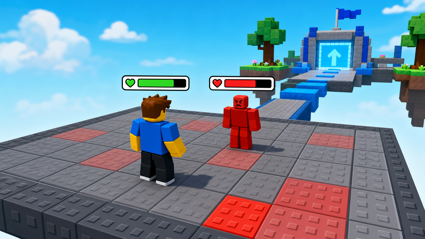 A hidden hazard field with floating health bars over fighters in a Roblox combat obby