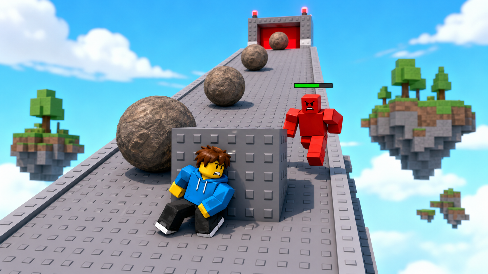 A rolling rock ramp with a cover block and a red enemy chasing the player