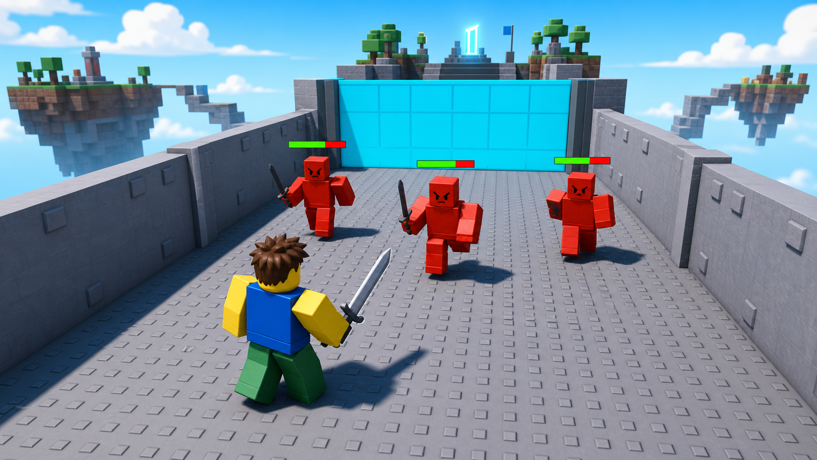 A Roblox combat arena hallway where enemy waves block a sliding wall gate