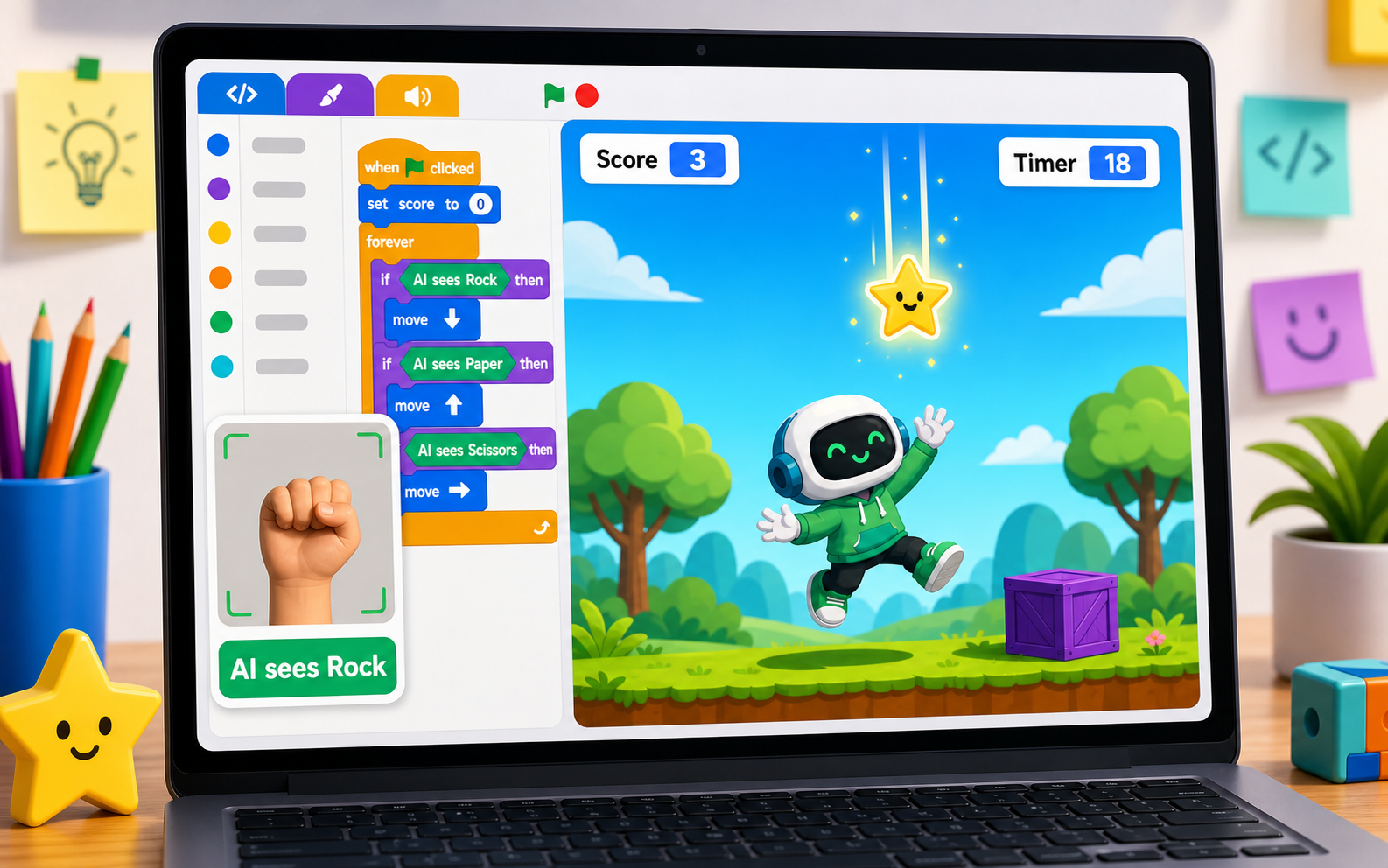 AI Collector Game mockup with hand-sign prediction, score, timer, and falling objects