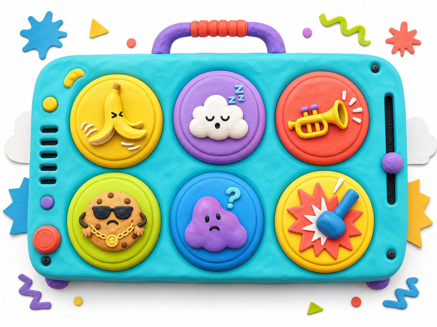 A colorful original meme soundboard with six hand-drawn buttons