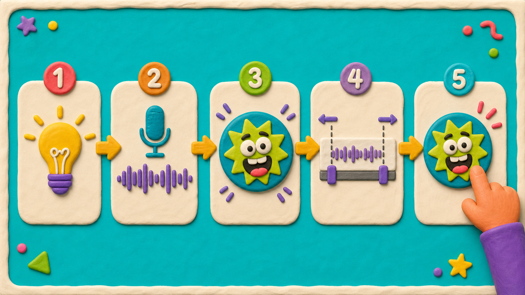 A five-part meme recipe showing a joke idea, recorded sound, drawn button, trim timing, and test click