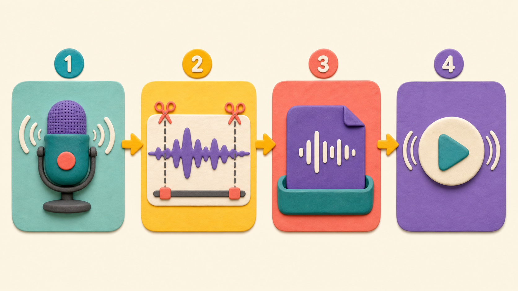 A voice recording workflow showing microphone recording, trimming, naming, and replaying the saved clip