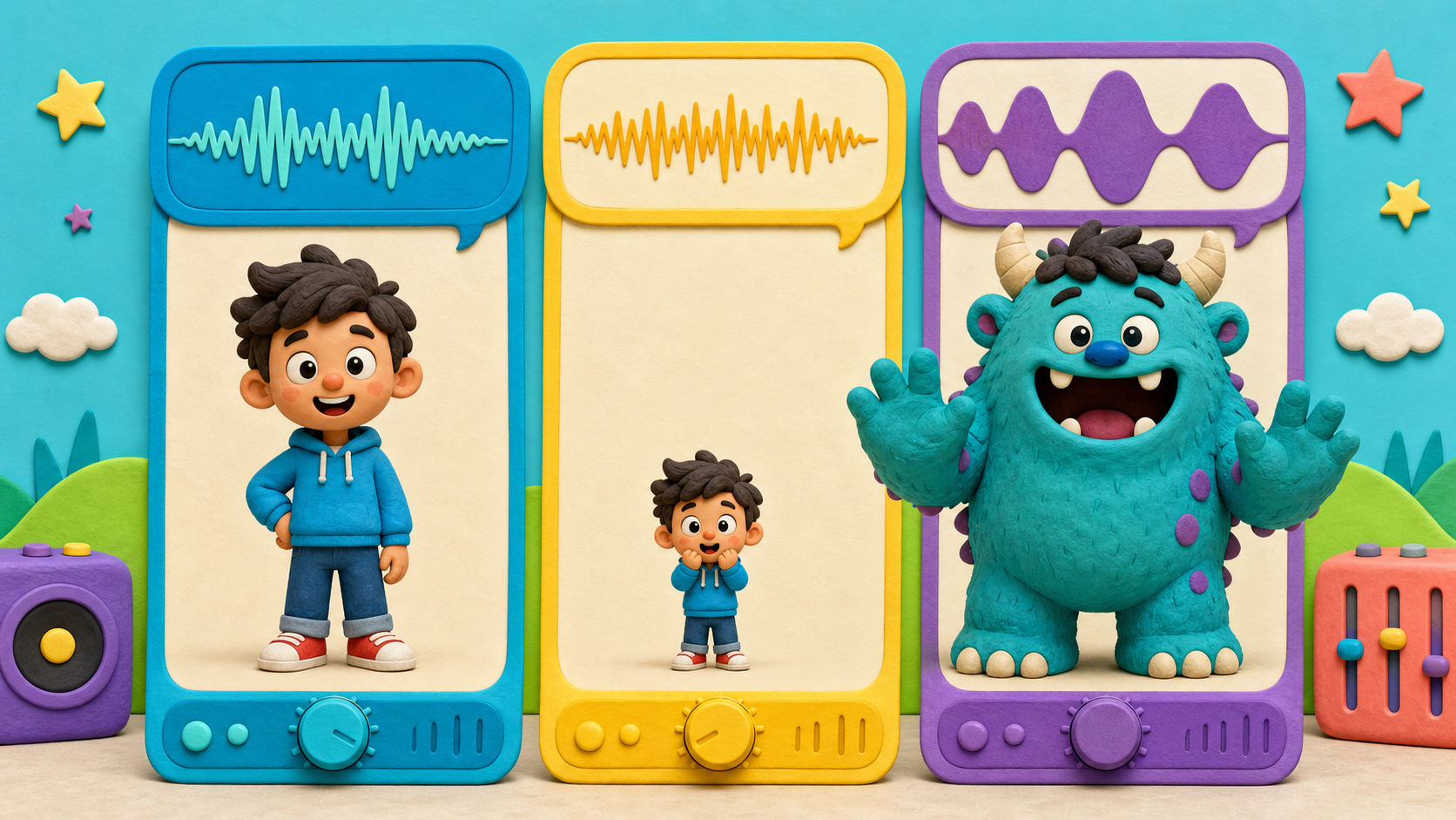 Three versions of the same friendly character showing normal, squeaky, and monster voice modes