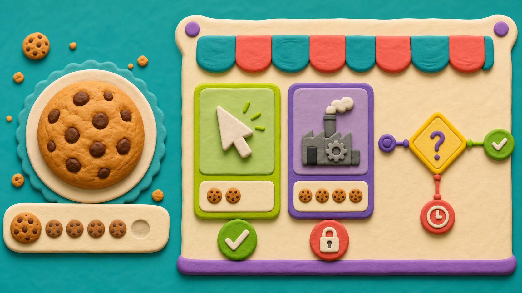A cookie clicker upgrade shop showing an affordable upgrade, a locked upgrade, and an if-then decision gate