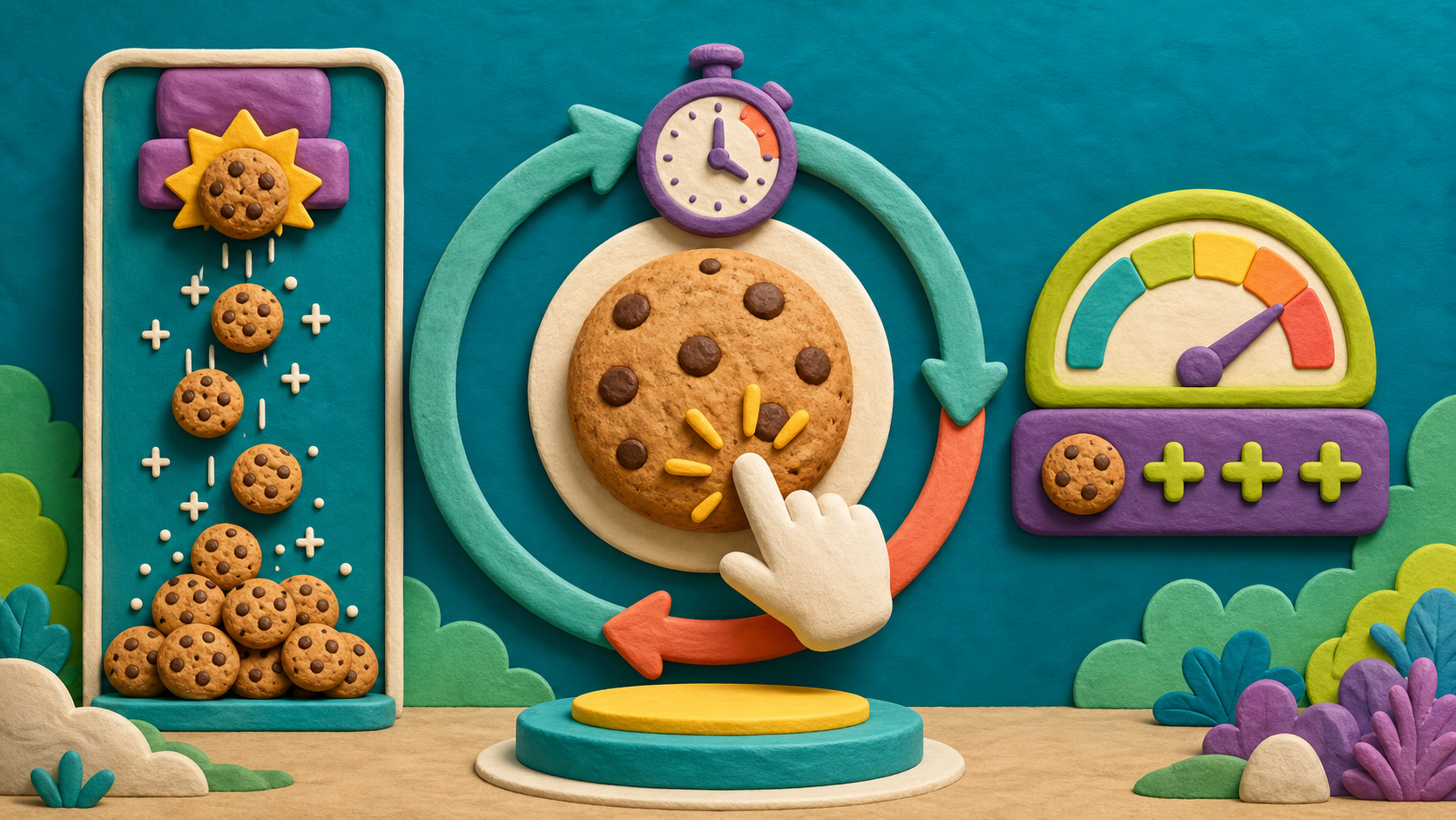 An auto-clicker visual showing a timer loop, cookies-per-second meter, and falling cookie feedback