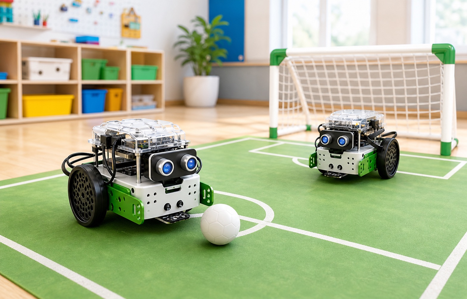 Two mBot robots pushing a ball toward a goal on a soccer field