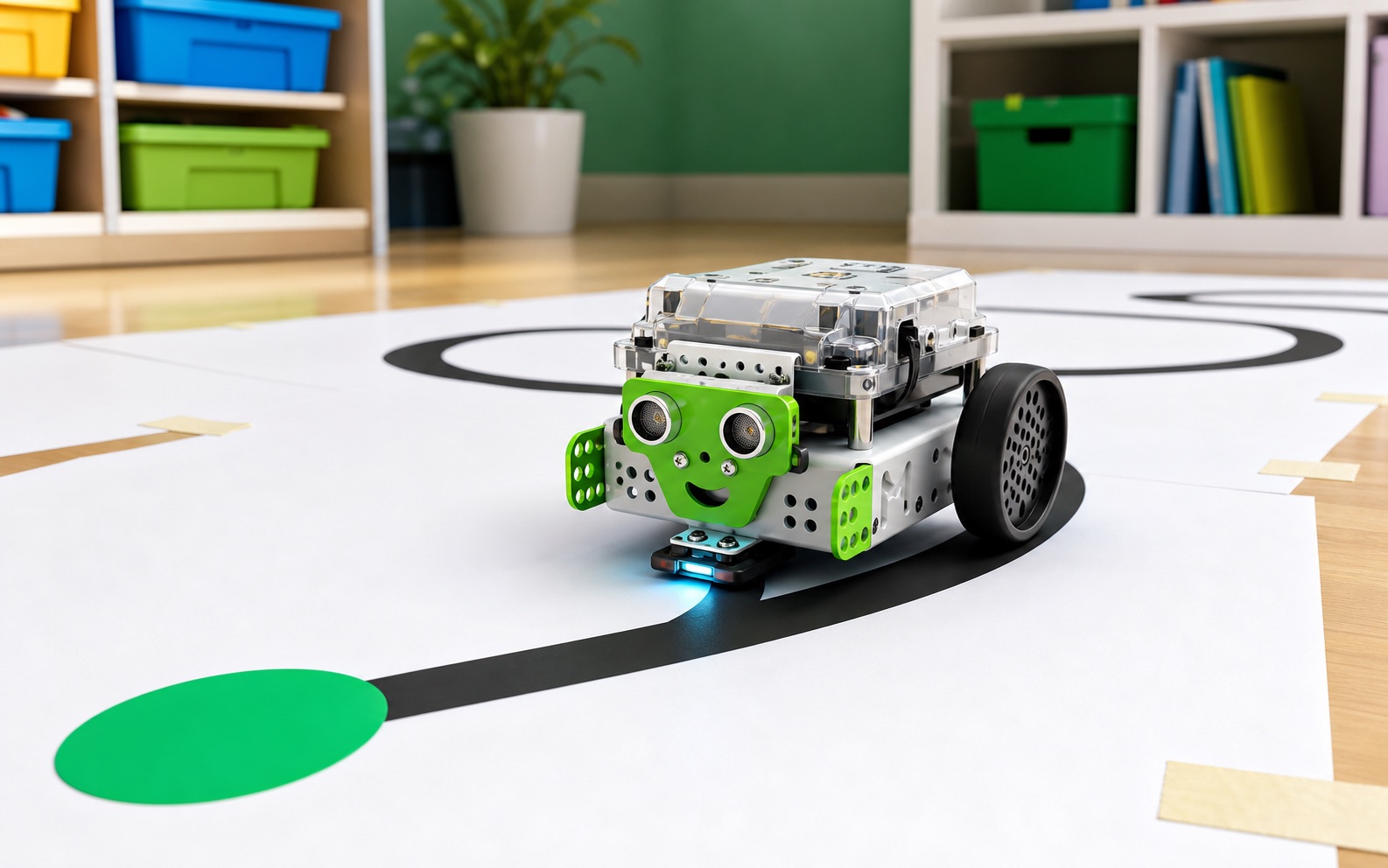 mBot-style robot following a black curved line track taped to a classroom floor