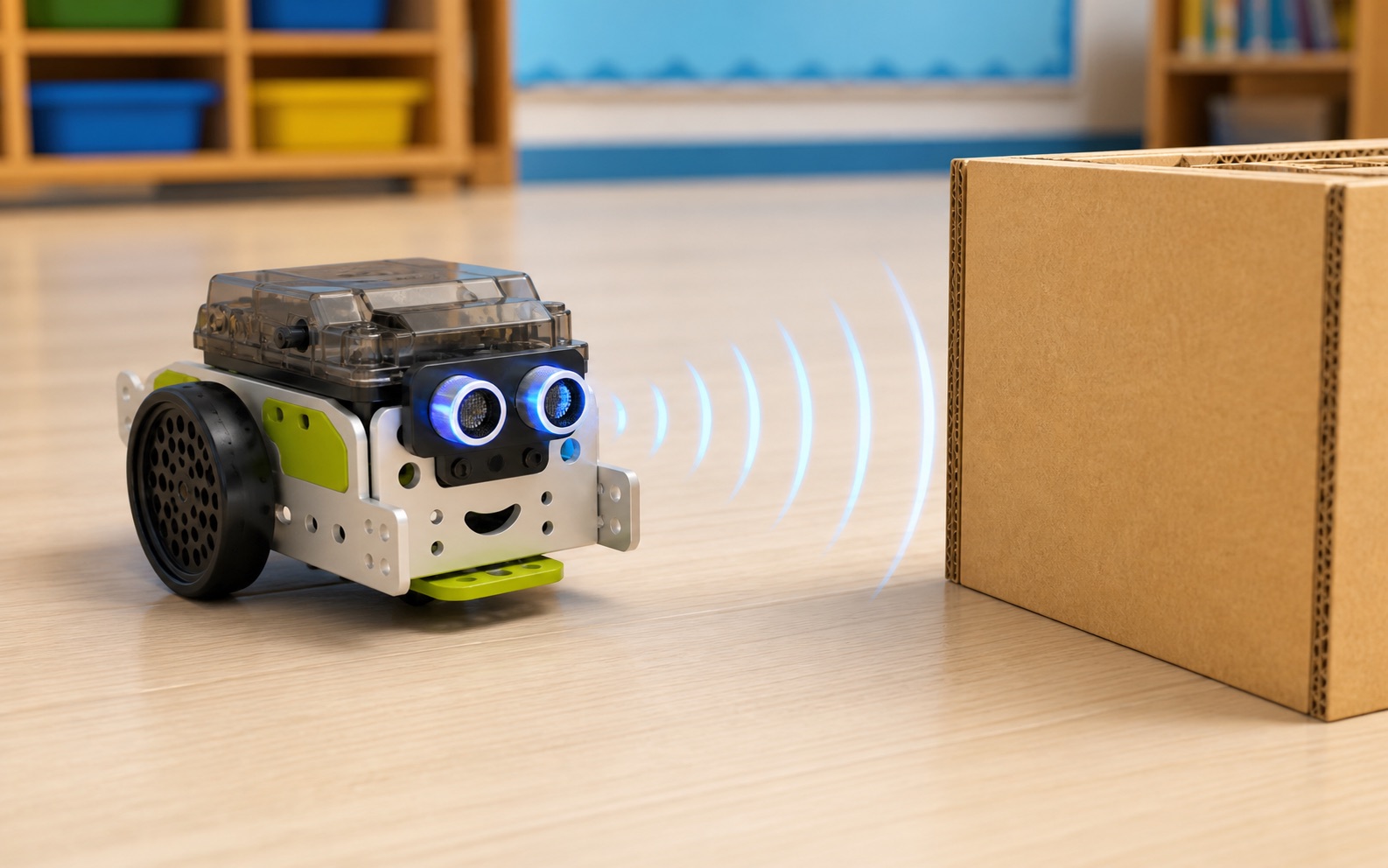 mBot-style robot using blue ultrasonic sensor waves to detect a cardboard wall