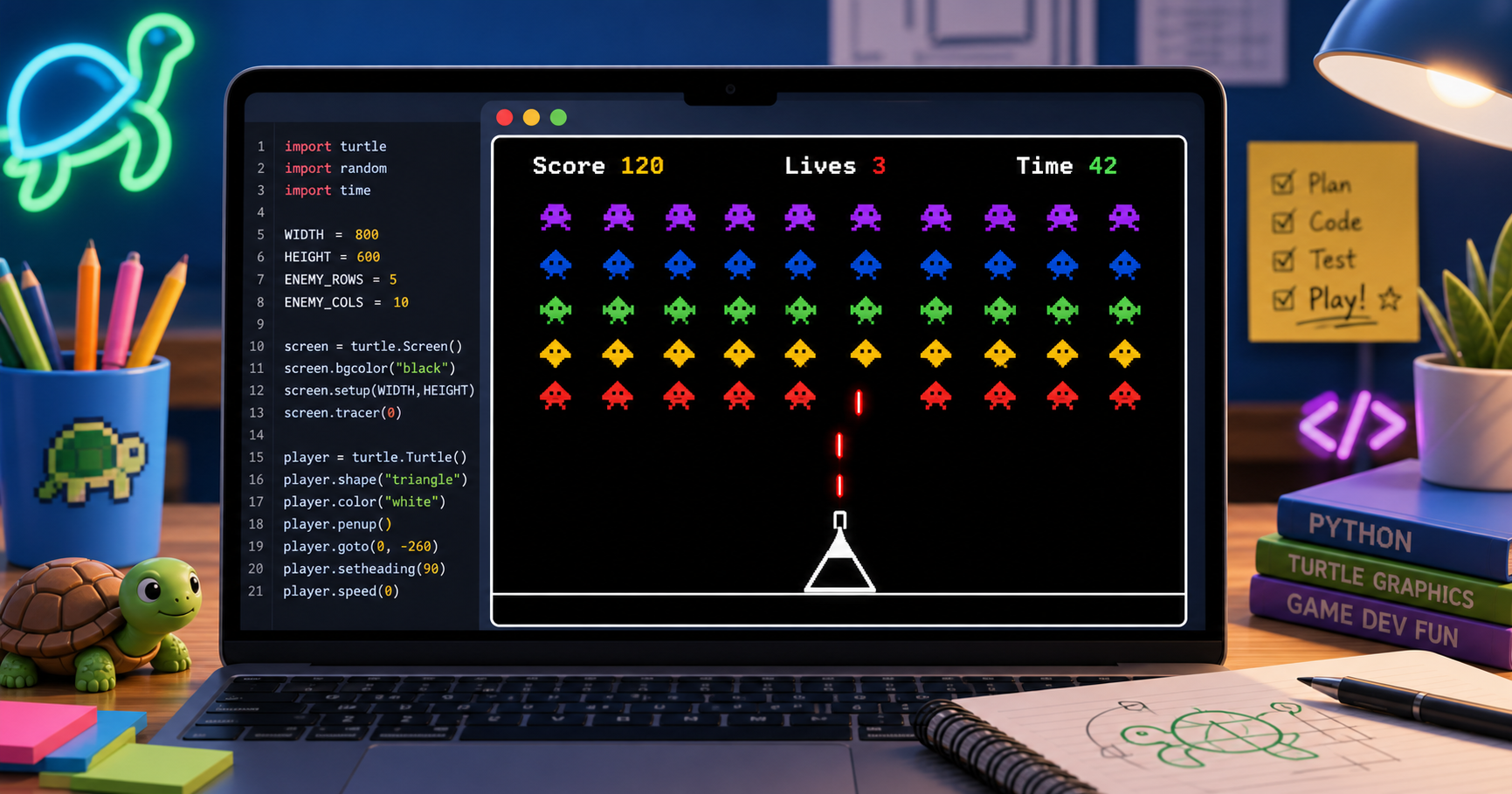 Python Arcade gameplay preview with code, cannon, lasers, alien swarm, score, lives, and timer