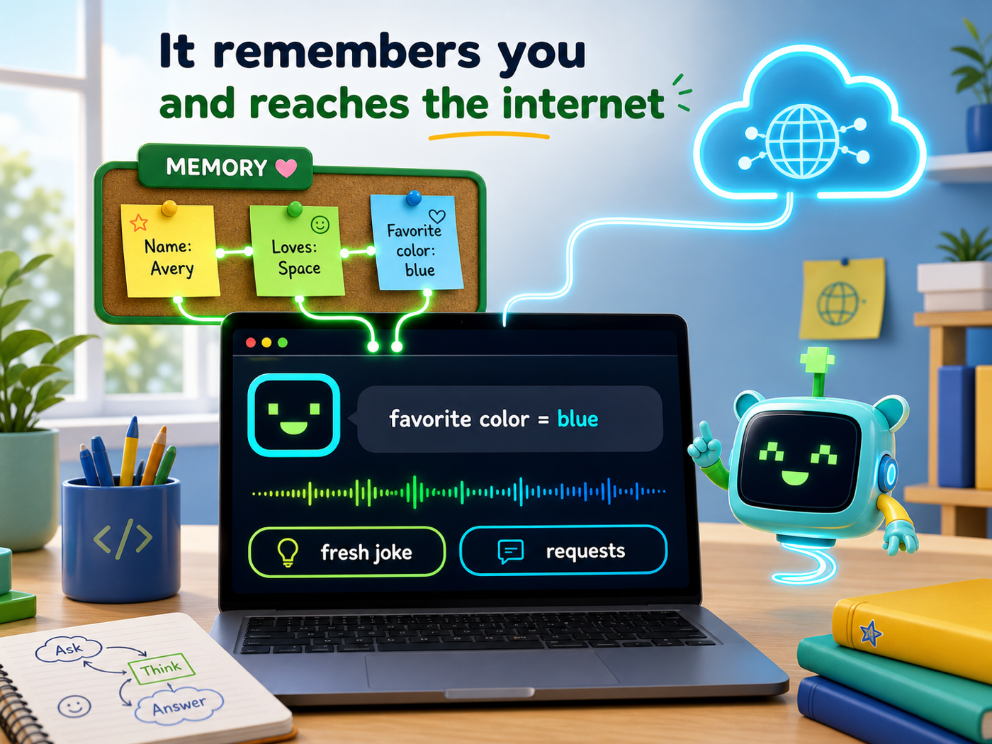 An assistant recalling a remembered fact and fetching live data from the internet