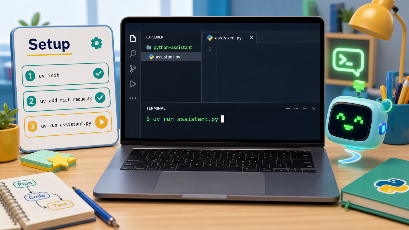 A polished Python assistant workspace with a code editor, terminal, assistant.py file, and uv setup commands