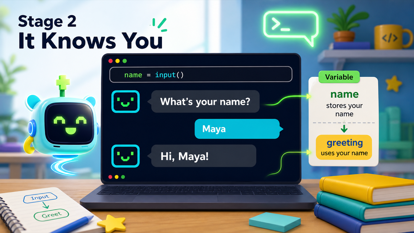 A Python assistant asking for a name, storing it in a variable, and greeting the user personally