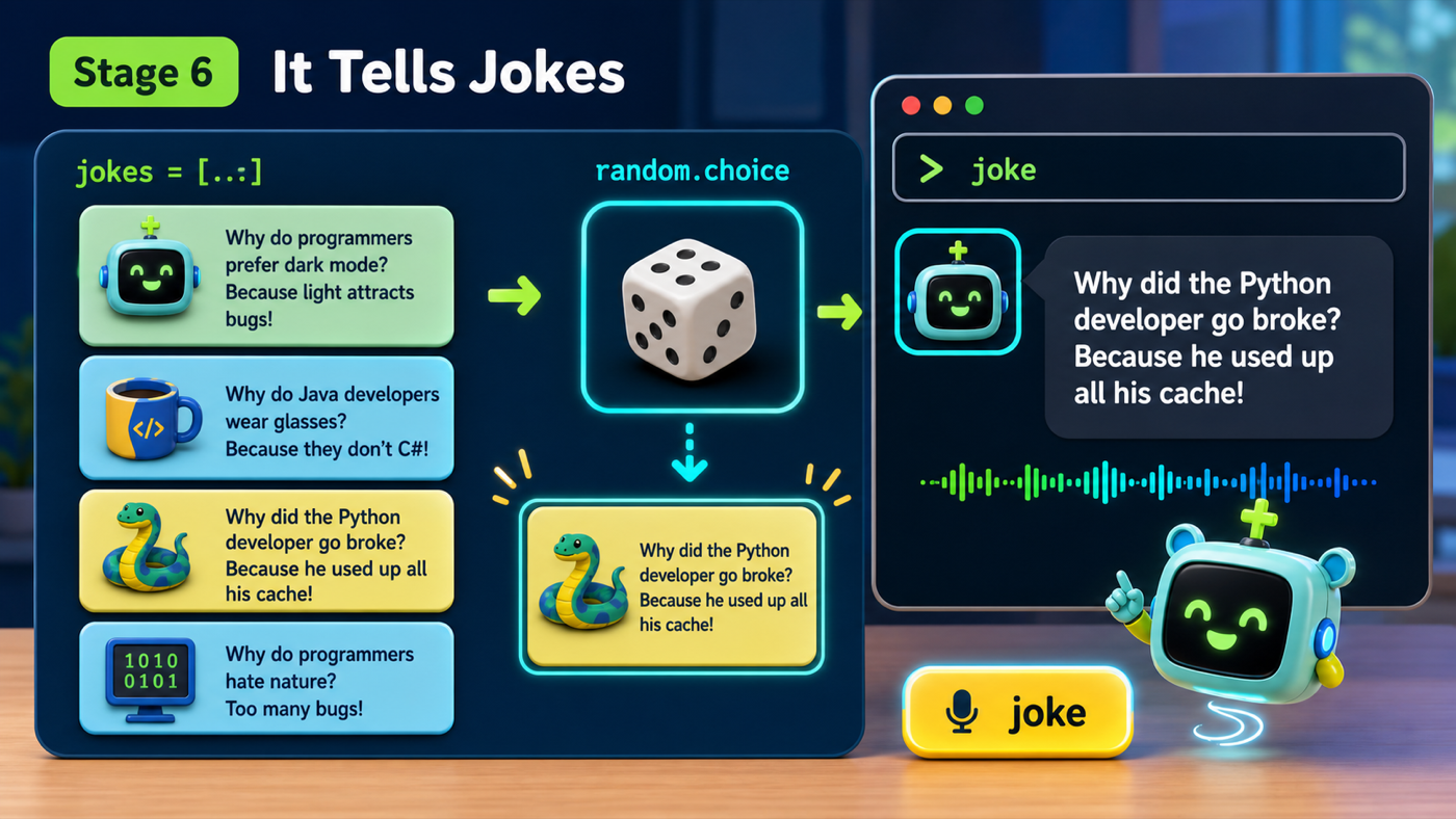 A Python assistant picking a random joke from a list and speaking it