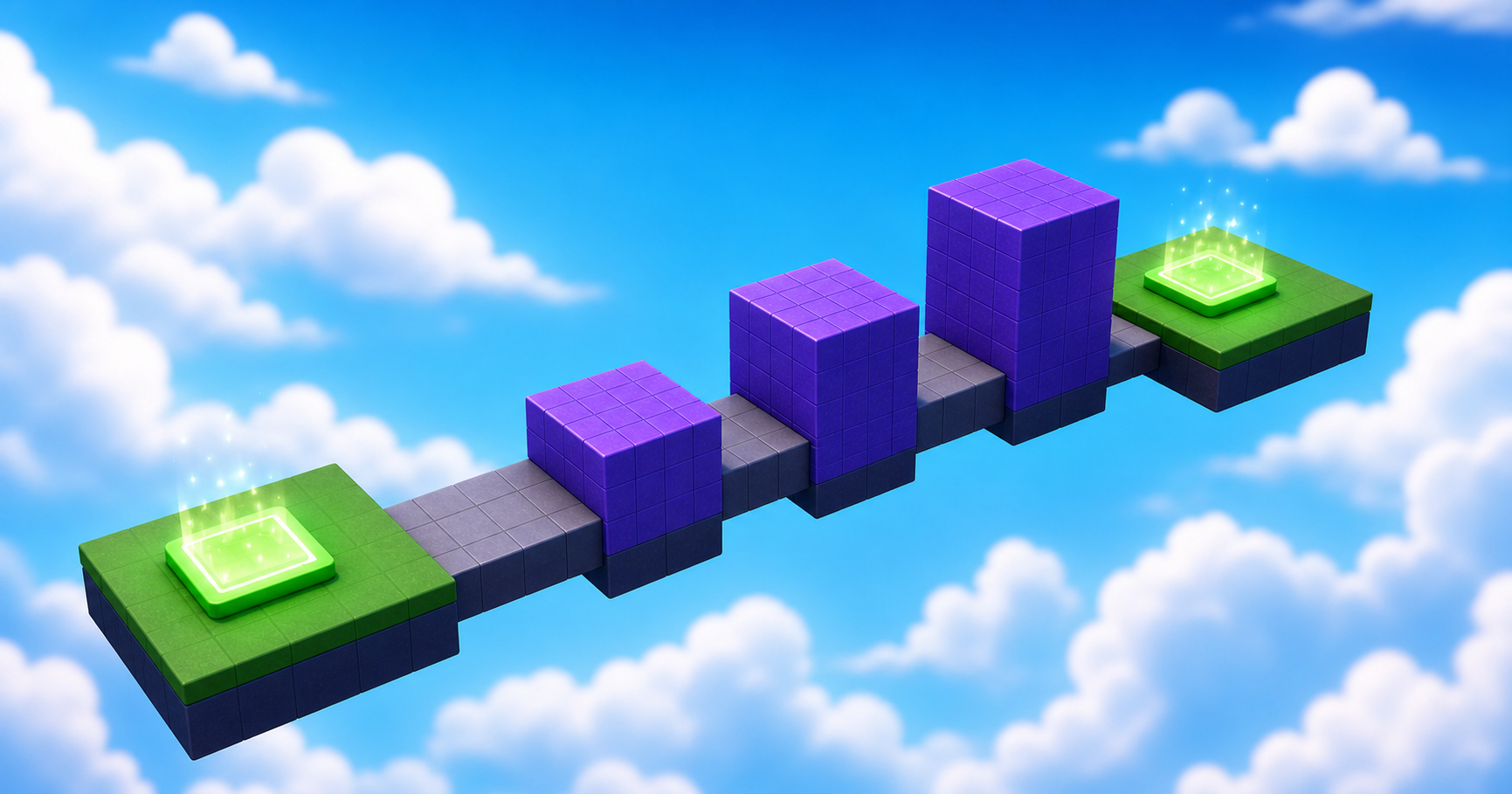 A colorful starter obby climbing through clouds to a green checkpoint