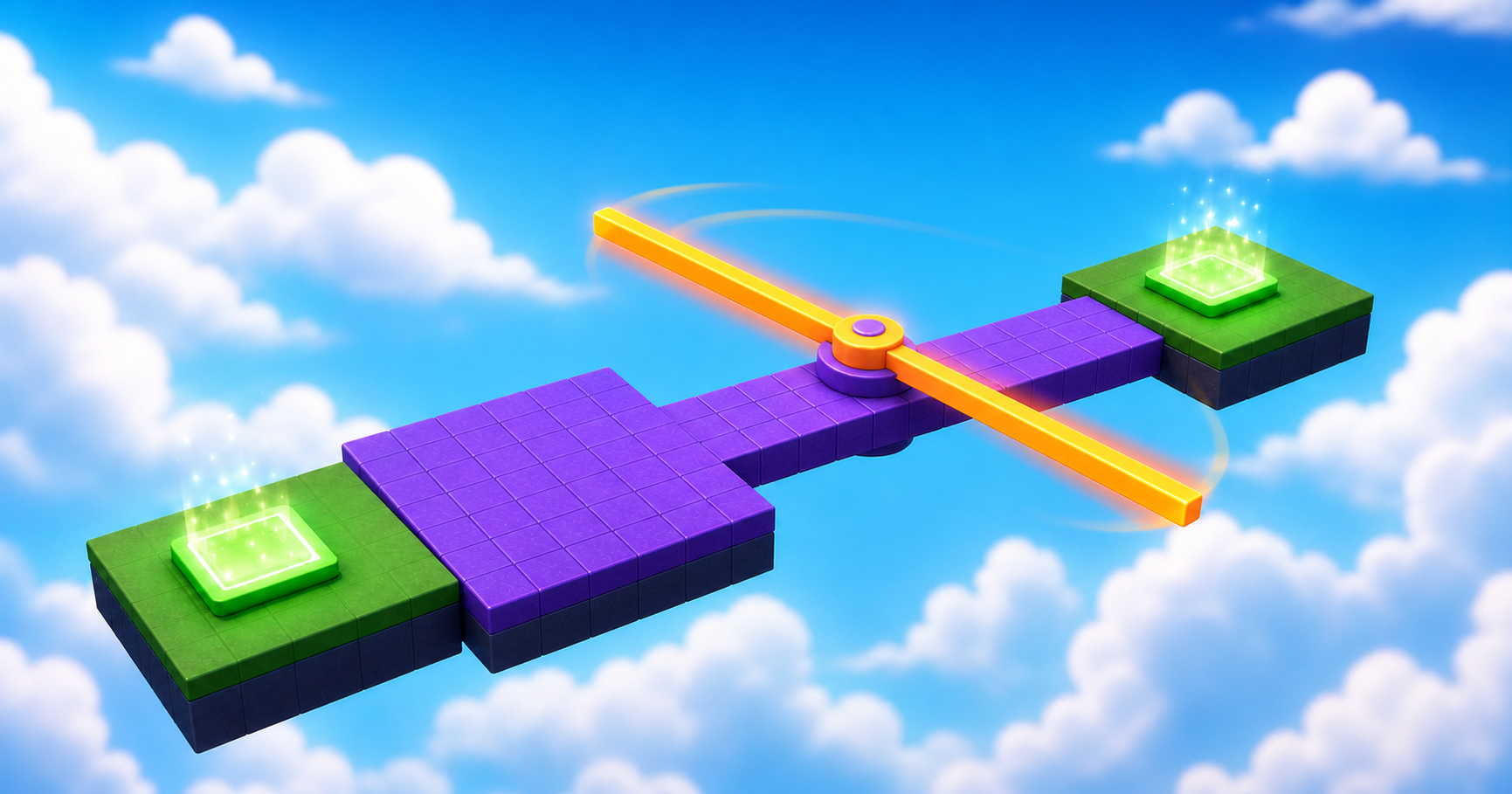 A Roblox arena with rotating obstacle arms and safe platforms