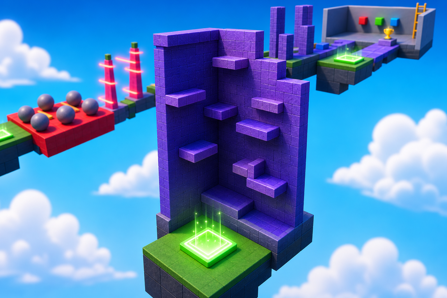 Polished Roblox-style purple wall climb with staggered ledges and a glowing green checkpoint pad