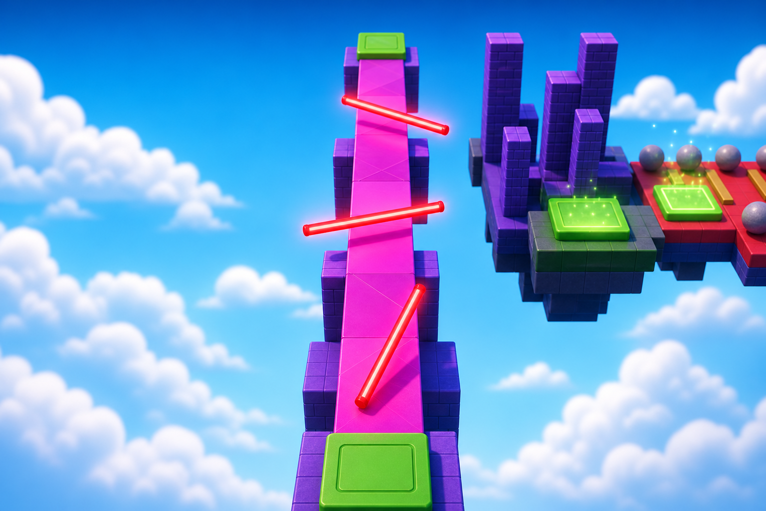 Polished Roblox-style neon path with glowing red timing bars and safe green platforms