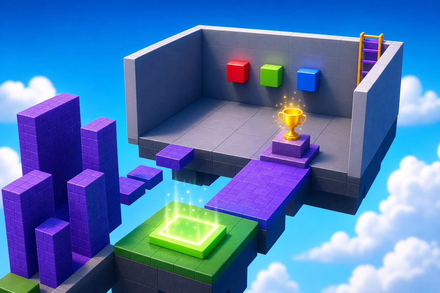 Polished Roblox-style final puzzle room with three colored buttons and a trophy
