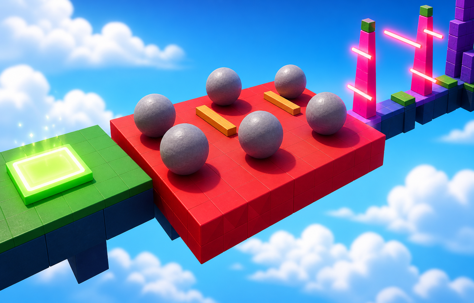 Polished Roblox-style red platform with rolling gray rocks, cover blocks, and a glowing checkpoint pad