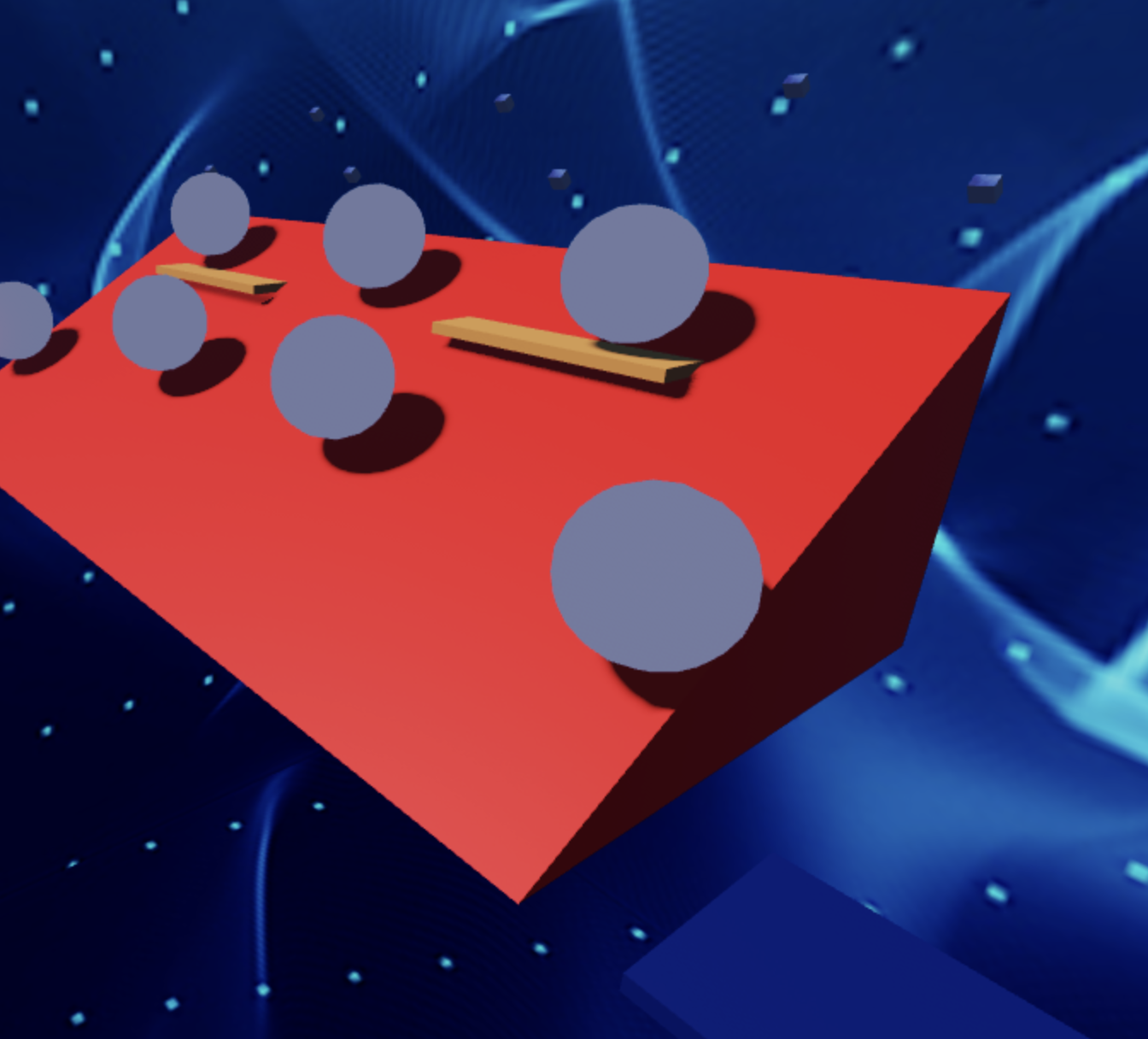 Roblox obby stage with rolling rocks on a red platform