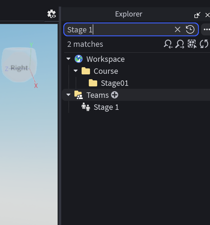 Real Roblox Studio Explorer with the plus control visible beside Teams and a Stage 1 Team nested below it