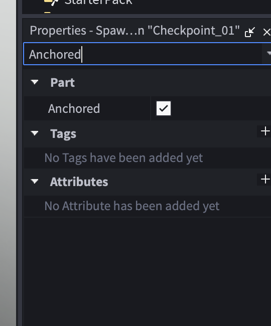 Real Roblox Studio Properties filtered to Anchored for Checkpoint_01, showing the checkbox enabled
