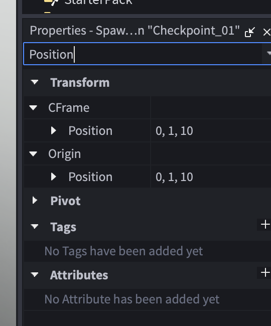 Real Roblox Studio Properties filtered to Position for Checkpoint_01, showing 0, 1, 10