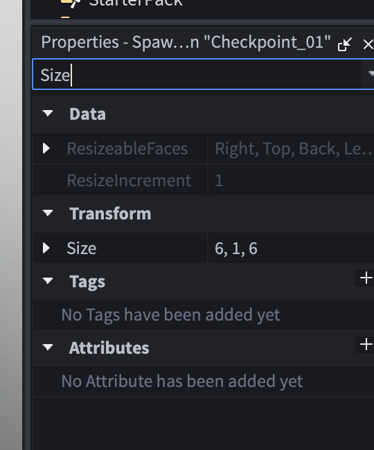 Real Roblox Studio Properties filtered to Size for Checkpoint_01, showing 6, 1, 6