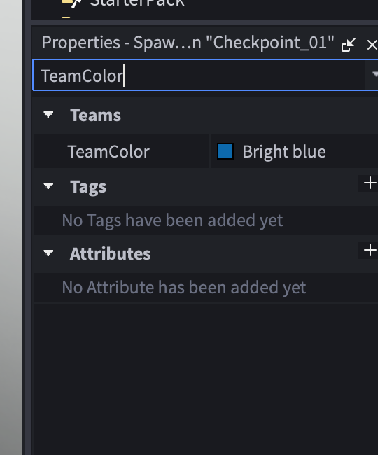 Real Roblox Studio Properties panel showing Checkpoint_01 TeamColor set to Bright blue