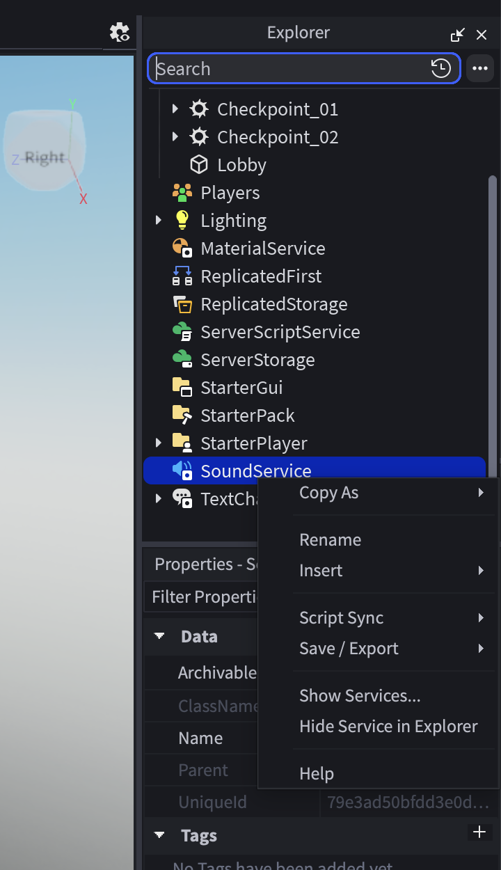 Real Roblox Studio Explorer context menu showing the Show Services option