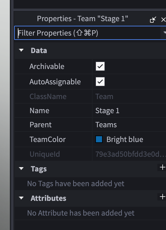 Real Roblox Studio Properties panel showing the Stage 1 TeamColor set to Bright blue and AutoAssignable enabled
