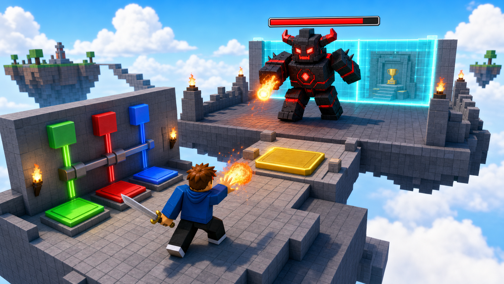 Polished Roblox-style boss in the ExtensionPad celebration room behind a glowing victory wall