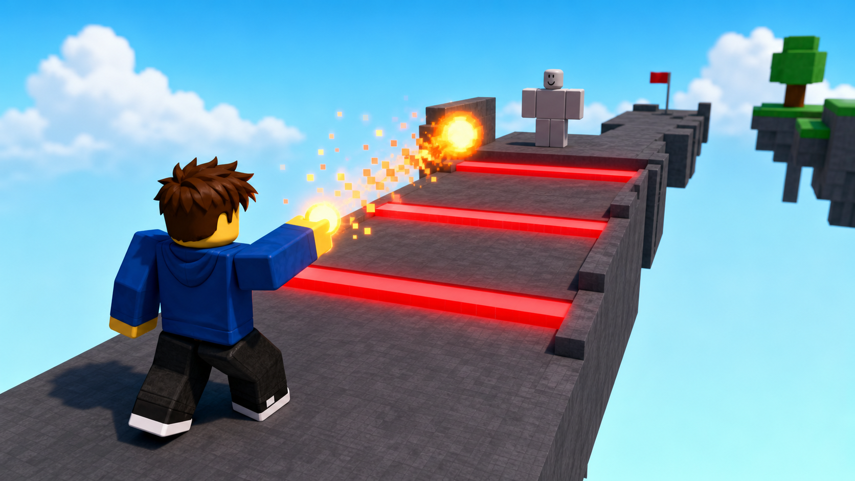 Polished Roblox-style player holding a sword and launching a glowing fireball down the obby path