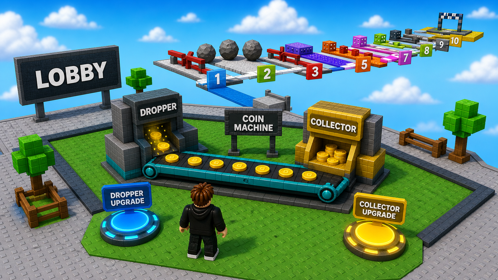 Polished Roblox-style tycoon obby with a start-area dropper, conveyor, collector, coin-machine upgrade pads, checkpoints, and a finish platform