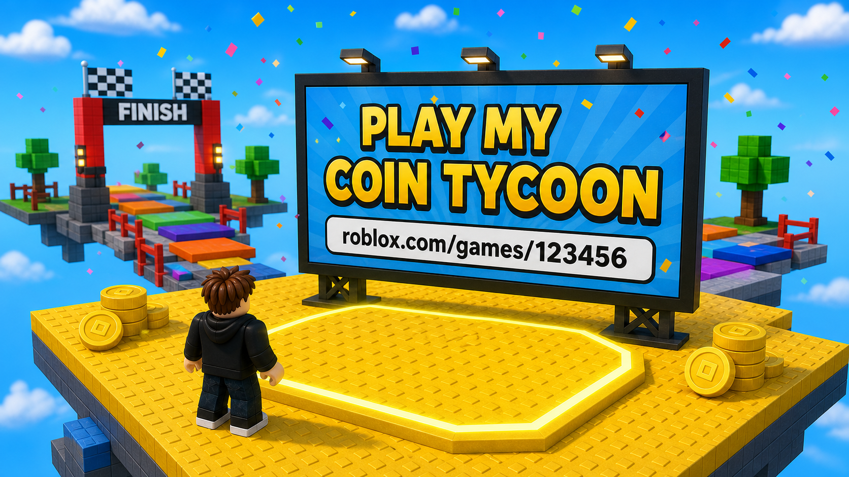 Polished Roblox-style ExtensionPad with a publish billboard showing a game URL