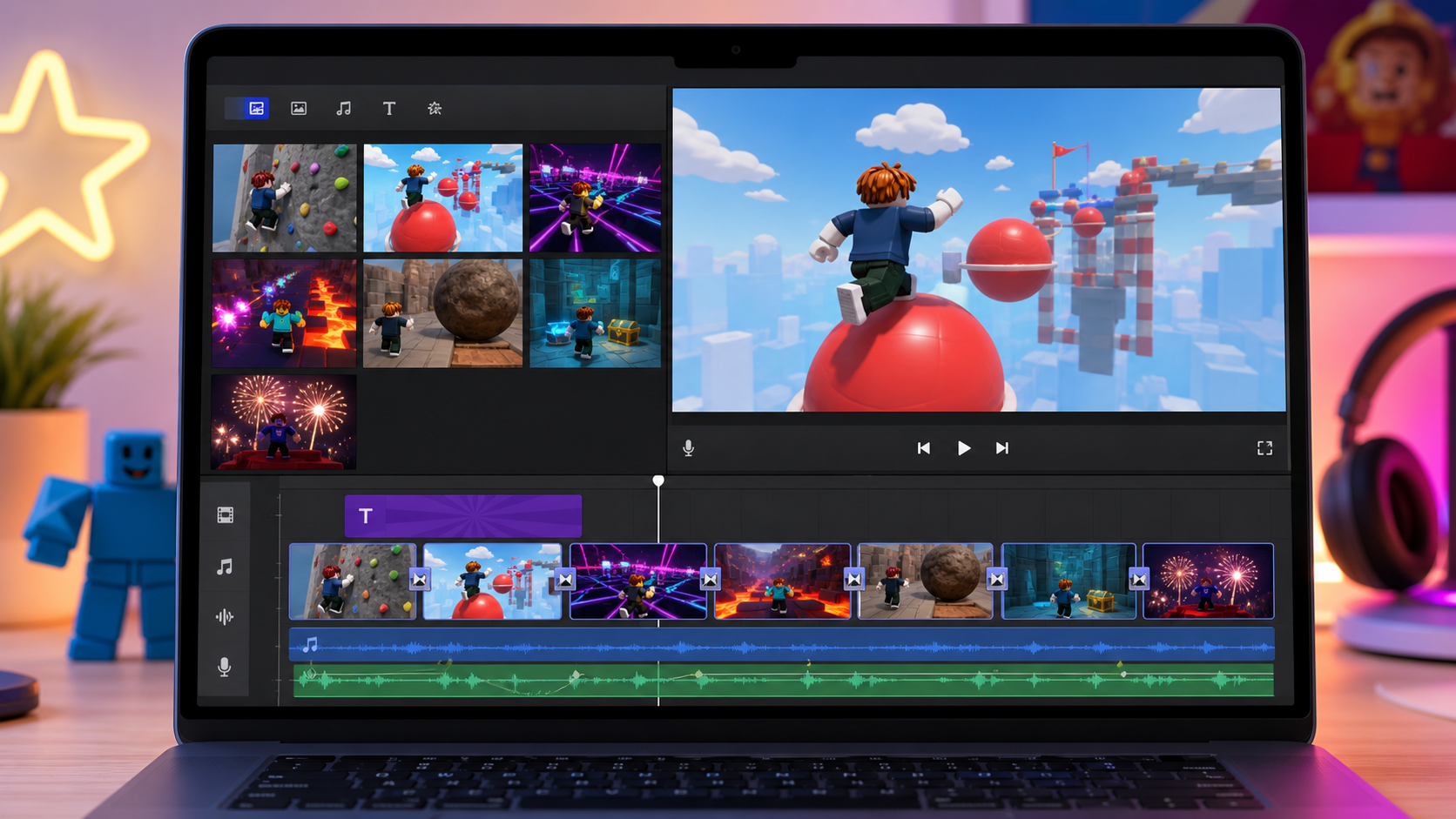 Preview the iMovie studio: trim stage clips, add sound, drop a title card, and design a thumbnail.