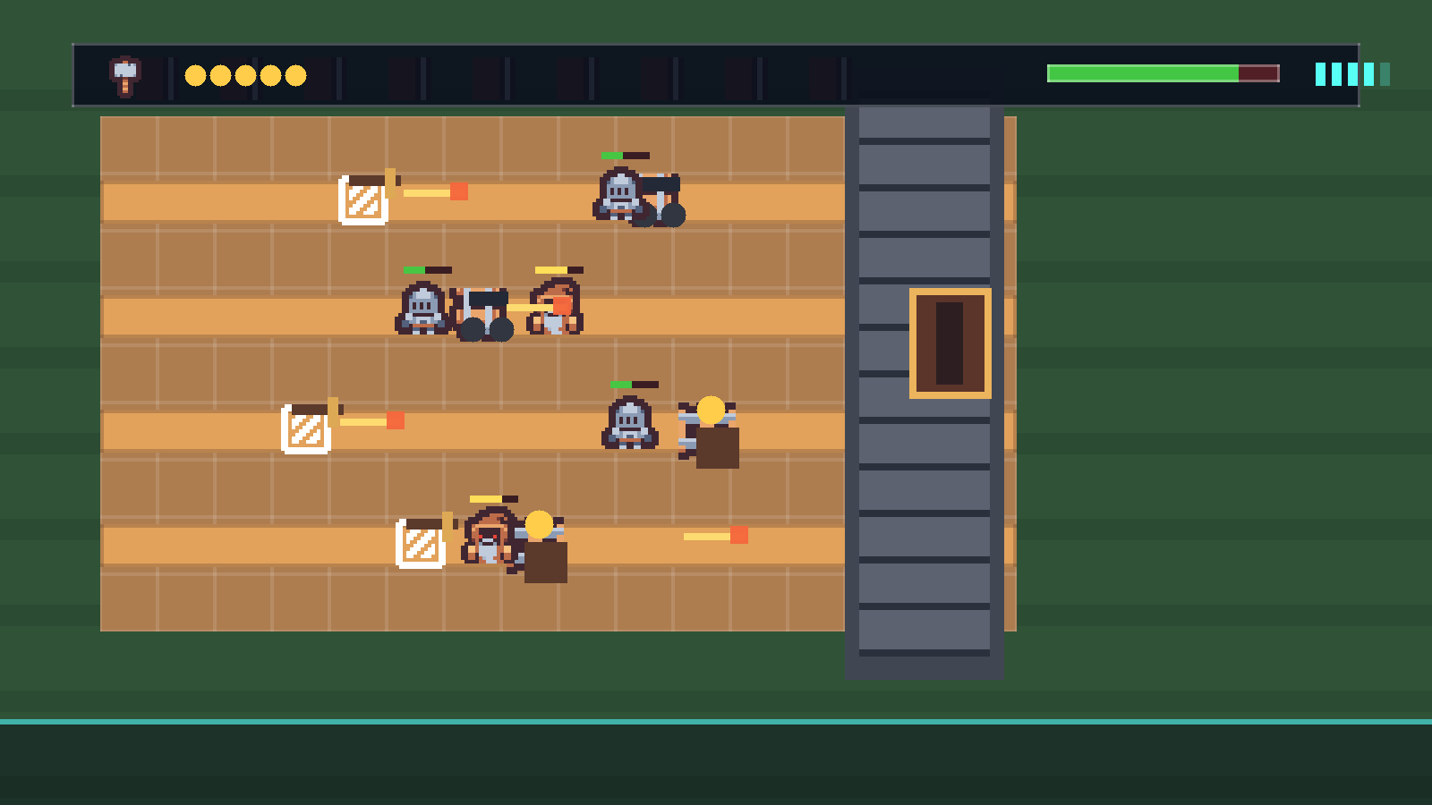 Castle Defense gameplay mockup with towers, enemies, projectiles, gold, waves, and gate health